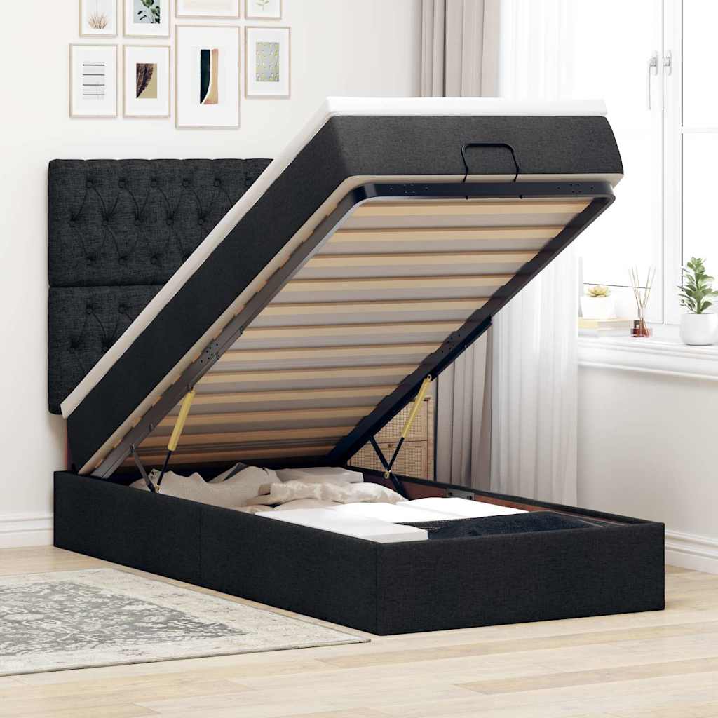 Ottoman-Bett mit Matratze & LEDs Schwarz 90x190 cm Stoff