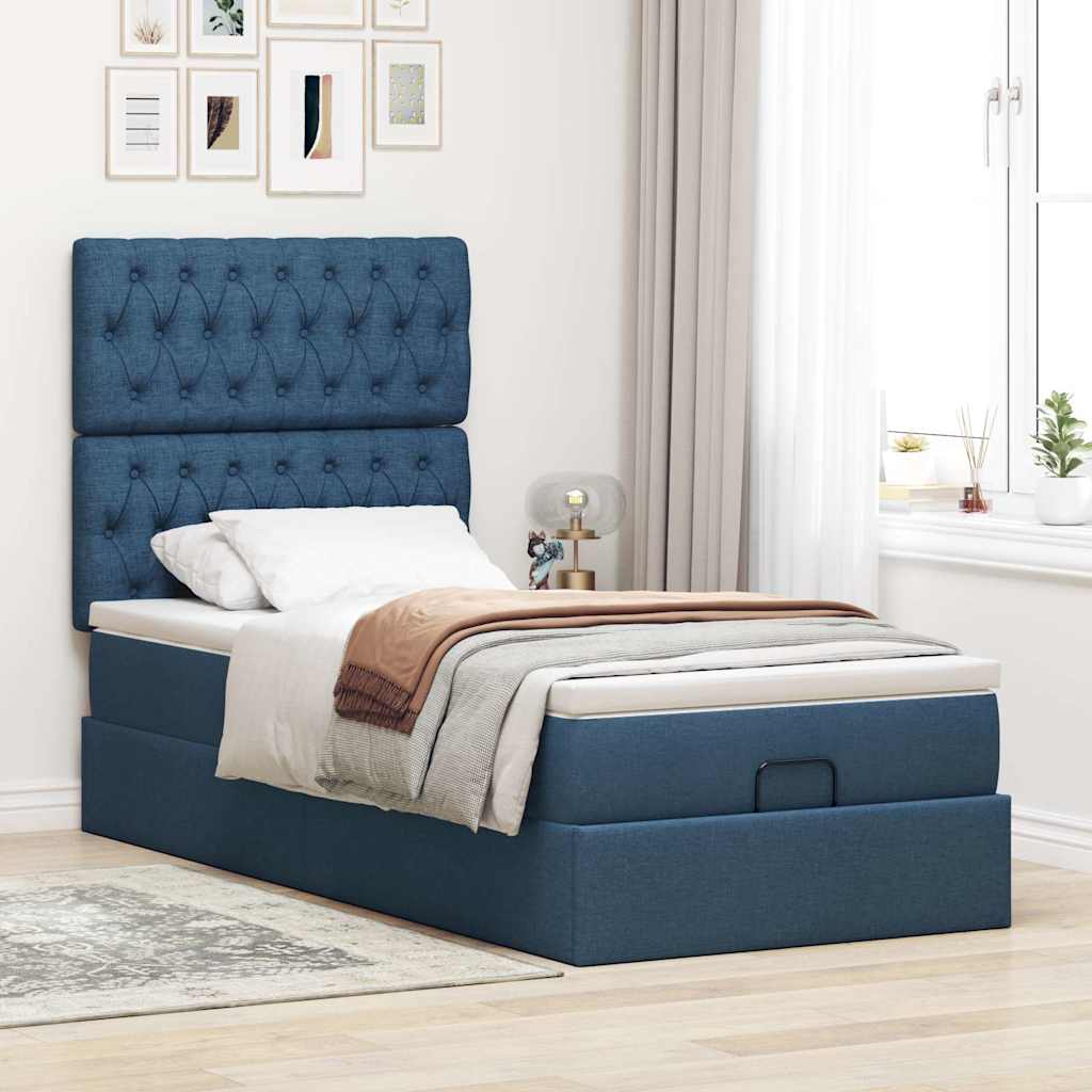 Ottoman-Bett mit Matratze & LEDs Blau 90x190 cm Stoff