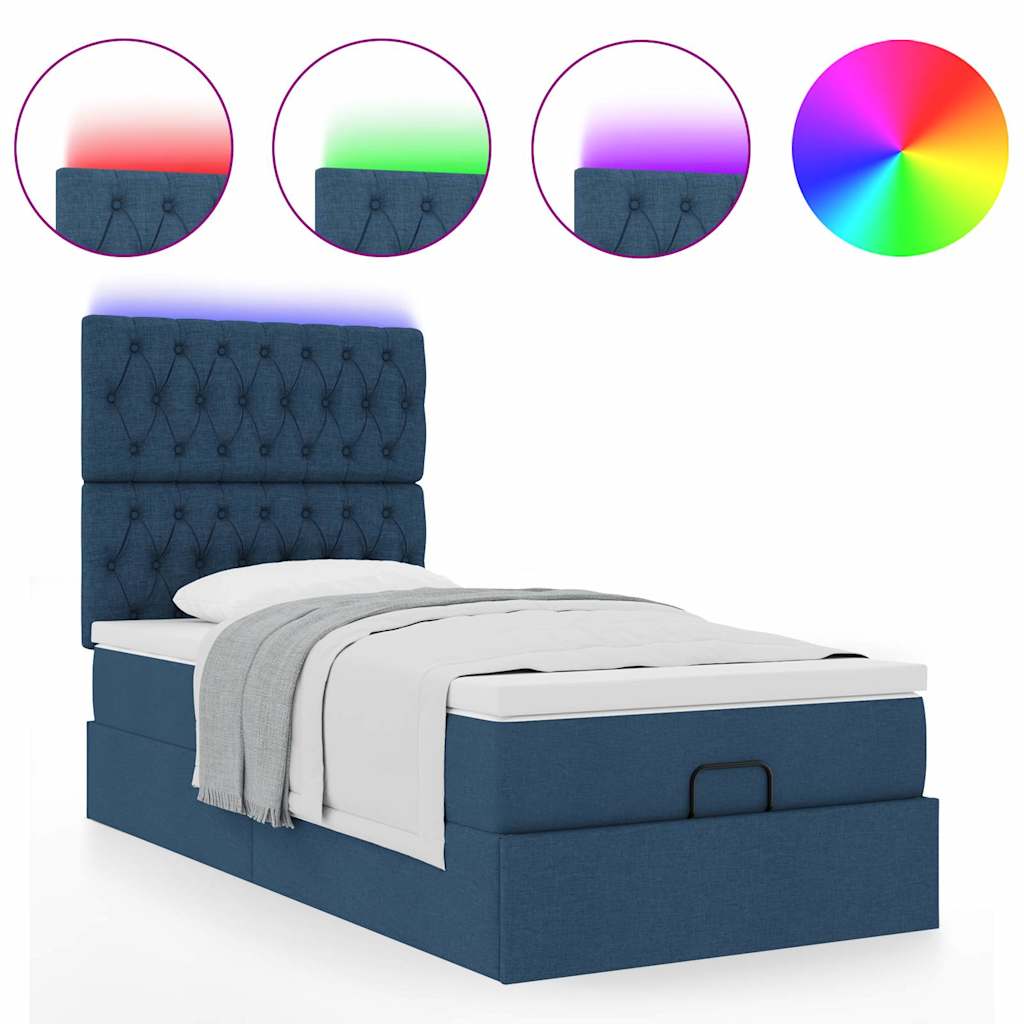 Ottoman-Bett mit Matratze & LEDs Blau 90x190 cm Stoff