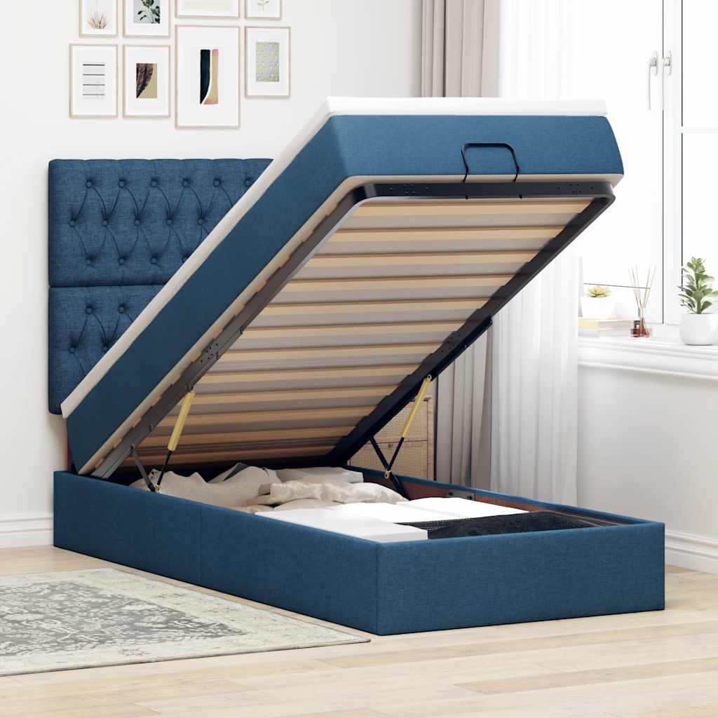 Ottoman-Bett mit Matratze & LEDs Blau 90x190 cm Stoff