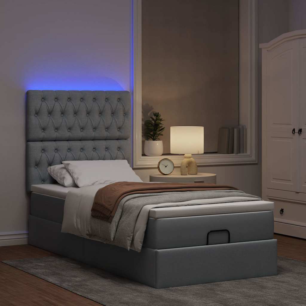 Ottomane Bett mit Matratze & LEDs Hellgrau 90x200 cm Stoff