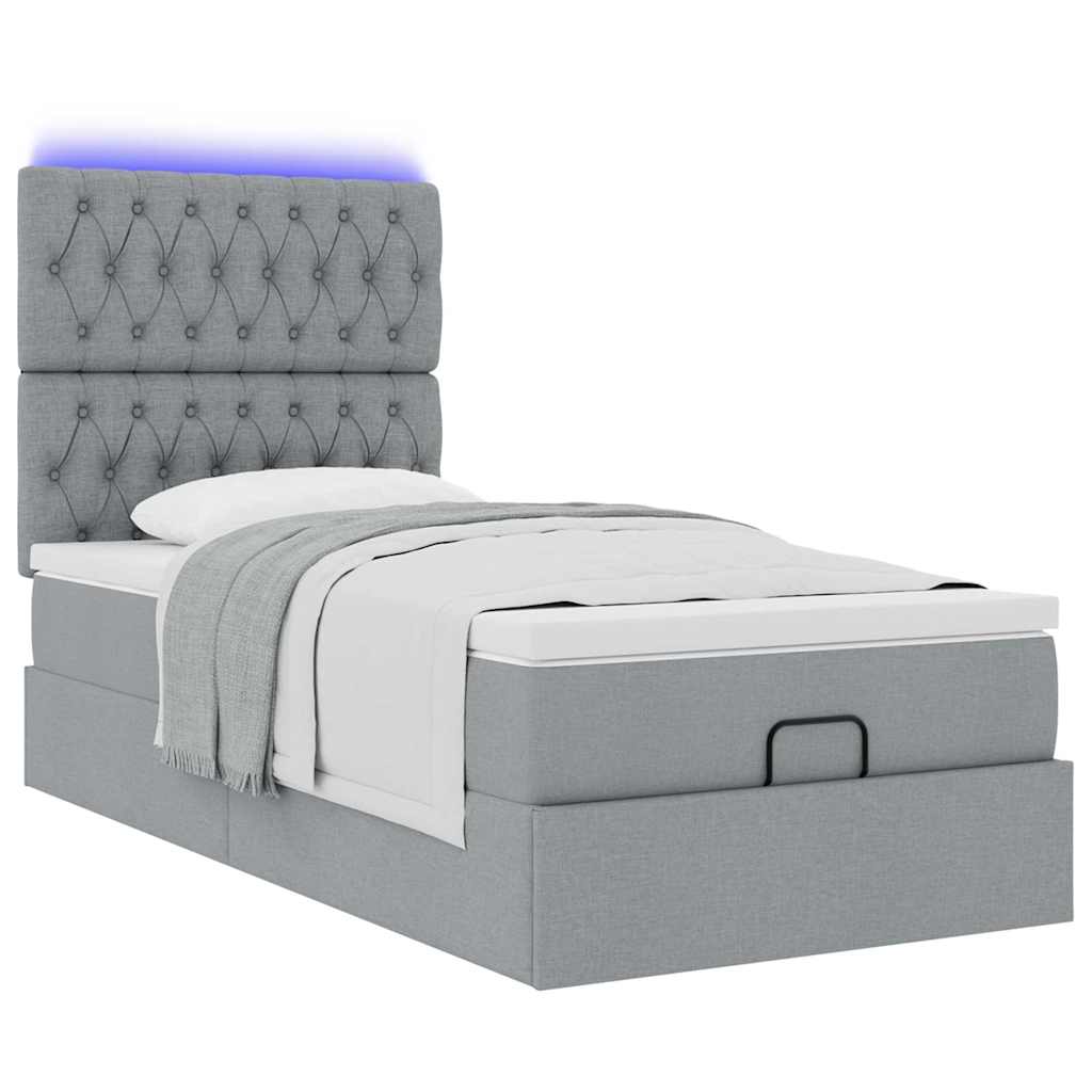 Ottomane Bett mit Matratze & LEDs Hellgrau 90x200 cm Stoff