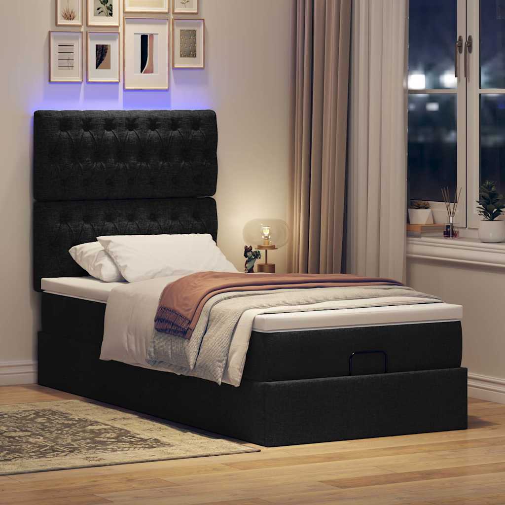 Ottoman-Bett mit Matratze & LEDs Schwarz 90x200 cm Stoff