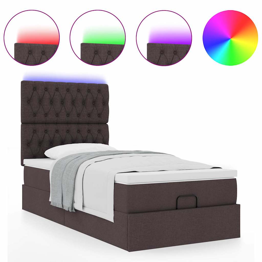 Ottomane Bett mit Matratze & LEDs Dunkelbraun 90x200 cm Stoff
