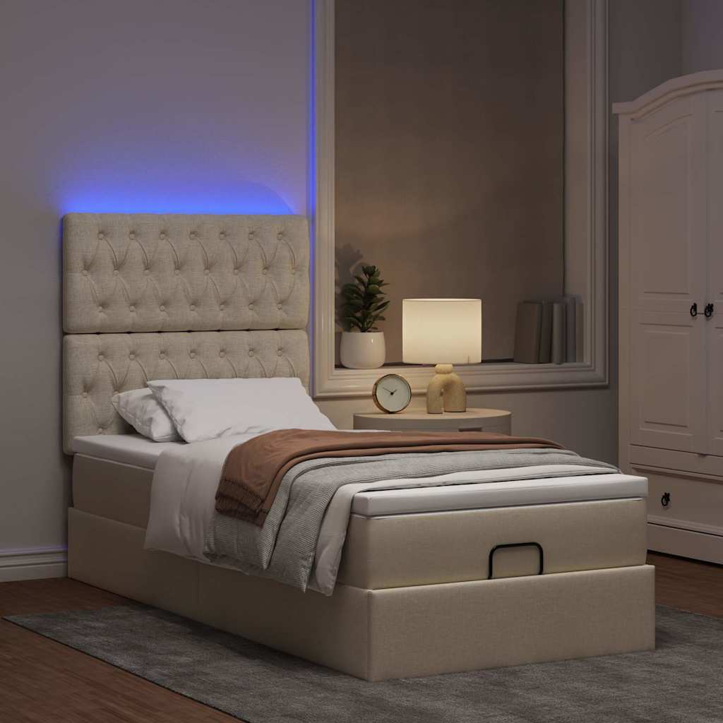 Ottomane Bett mit Matratze & LEDs Creme 90x200 cm Stoff