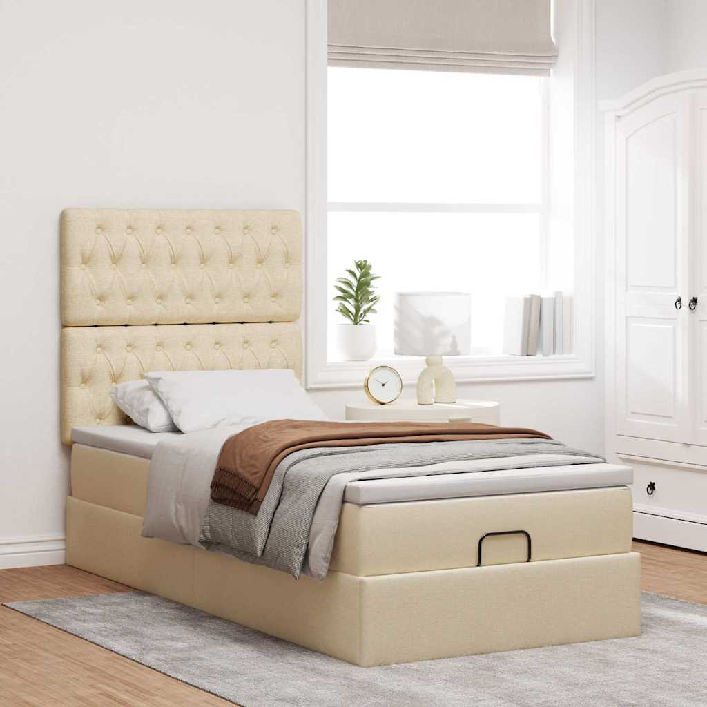 Ottomane Bett mit Matratze & LEDs Creme 90x200 cm Stoff