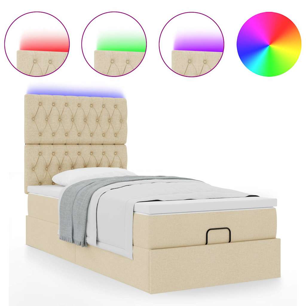 Ottomane Bett mit Matratze & LEDs Creme 90x200 cm Stoff