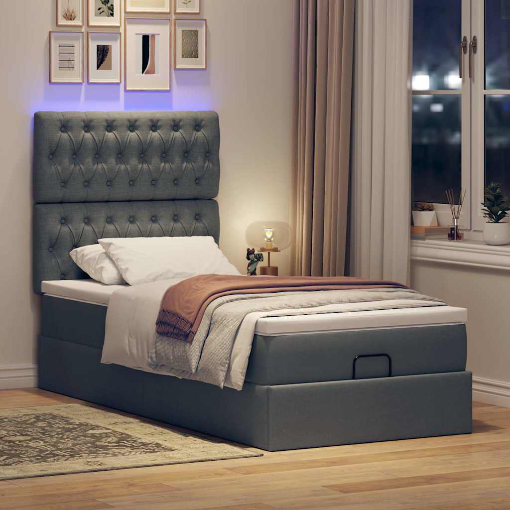 Lit ottoman avec matelas et LED tissu gris foncé 100x200 cm