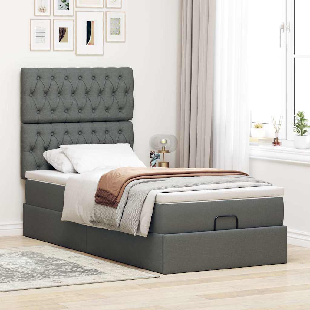 Lit ottoman avec matelas et LED tissu gris foncé 100x200 cm