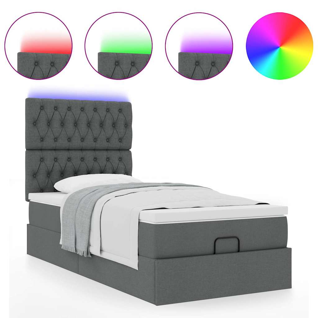 Lit ottoman avec matelas et LED tissu gris foncé 100x200 cm