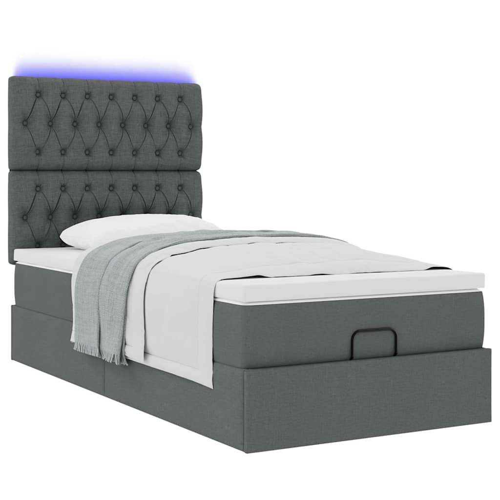 Lit ottoman avec matelas et LED tissu gris foncé 100x200 cm