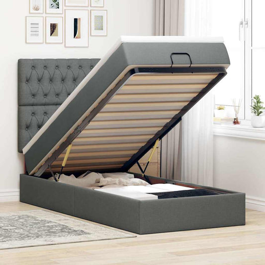 Lit ottoman avec matelas et LED tissu gris foncé 100x200 cm