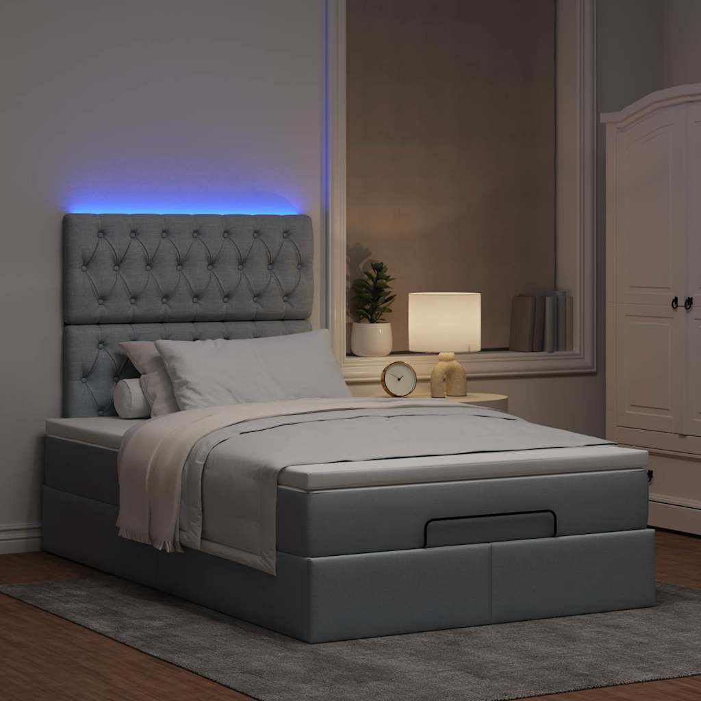 Ottoman-Bett mit Matratze & LEDs Hellgrau 120x190 cm Stoff