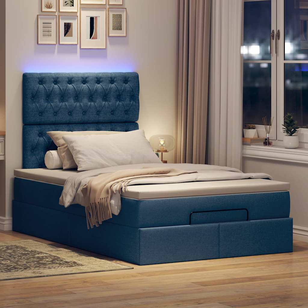 Ottoman-Bett mit Matratze & LEDs Blau 120x190 cm Stoff