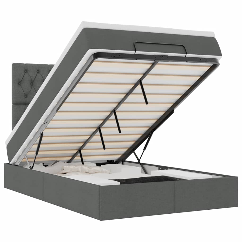 Lit ottoman avec matelas et LED tissu gris foncé 120x200 cm