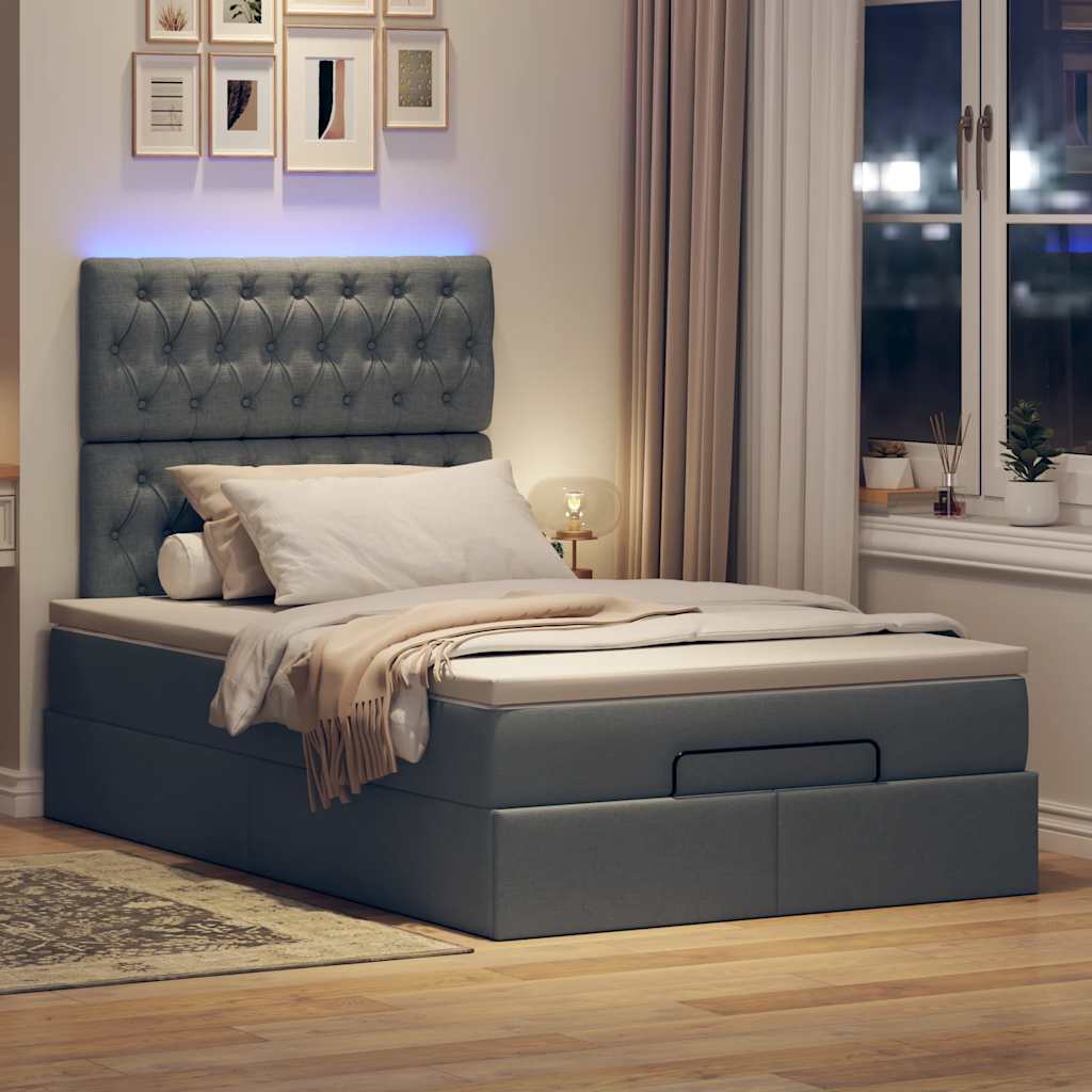 Lit ottoman avec matelas et LED tissu gris foncé 120x200 cm