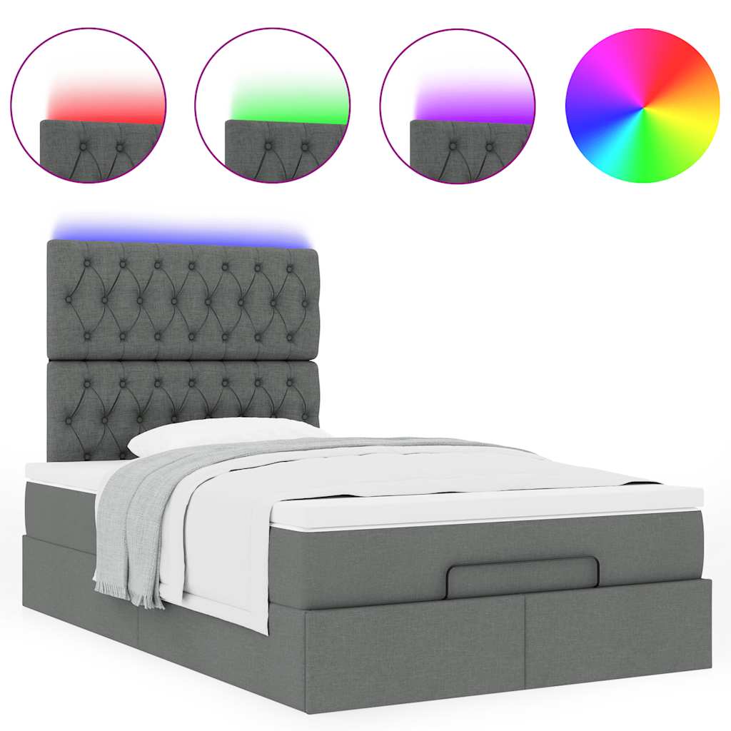 Lit ottoman avec matelas et LED tissu gris foncé 120x200 cm