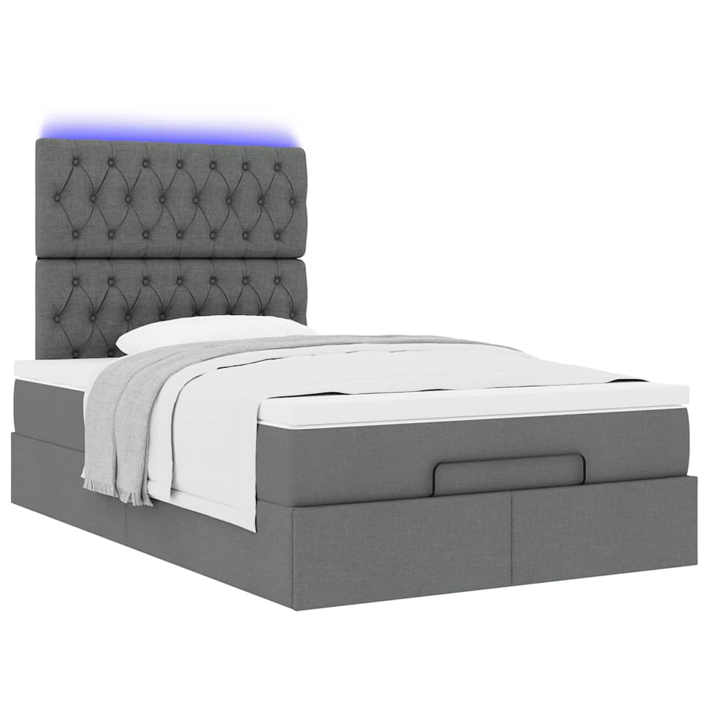 Lit ottoman avec matelas et LED tissu gris foncé 120x200 cm
