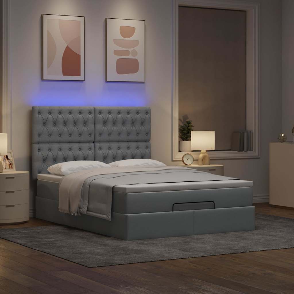 Ottoman-Bett mit Matratze & LEDs Hellgrau 140x200 cm Stoff