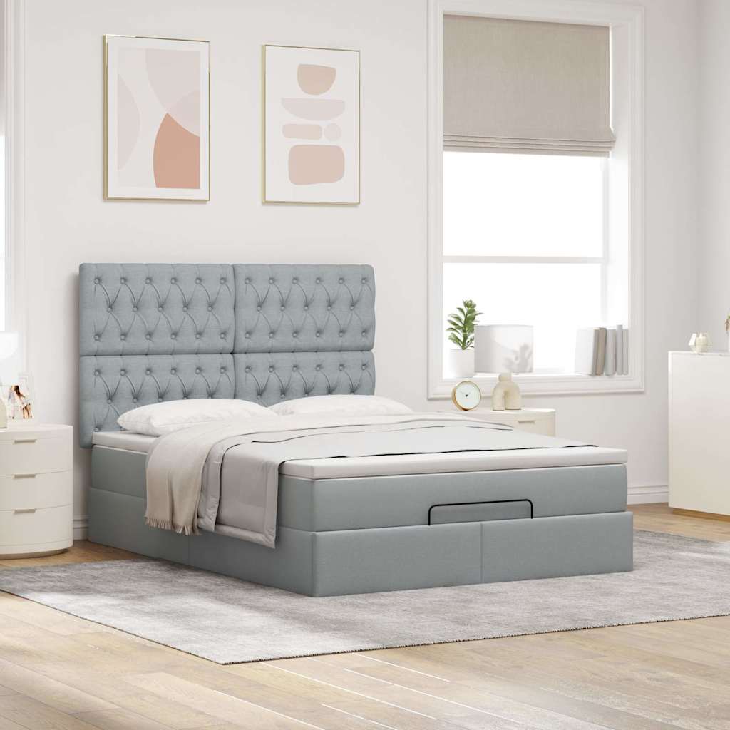 Ottoman-Bett mit Matratze & LEDs Hellgrau 140x200 cm Stoff