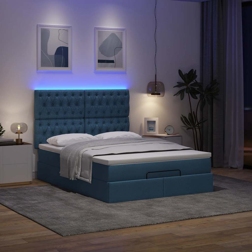 Ottoman-Bett mit Matratze & LEDs Blau 140x200 cm Stoff