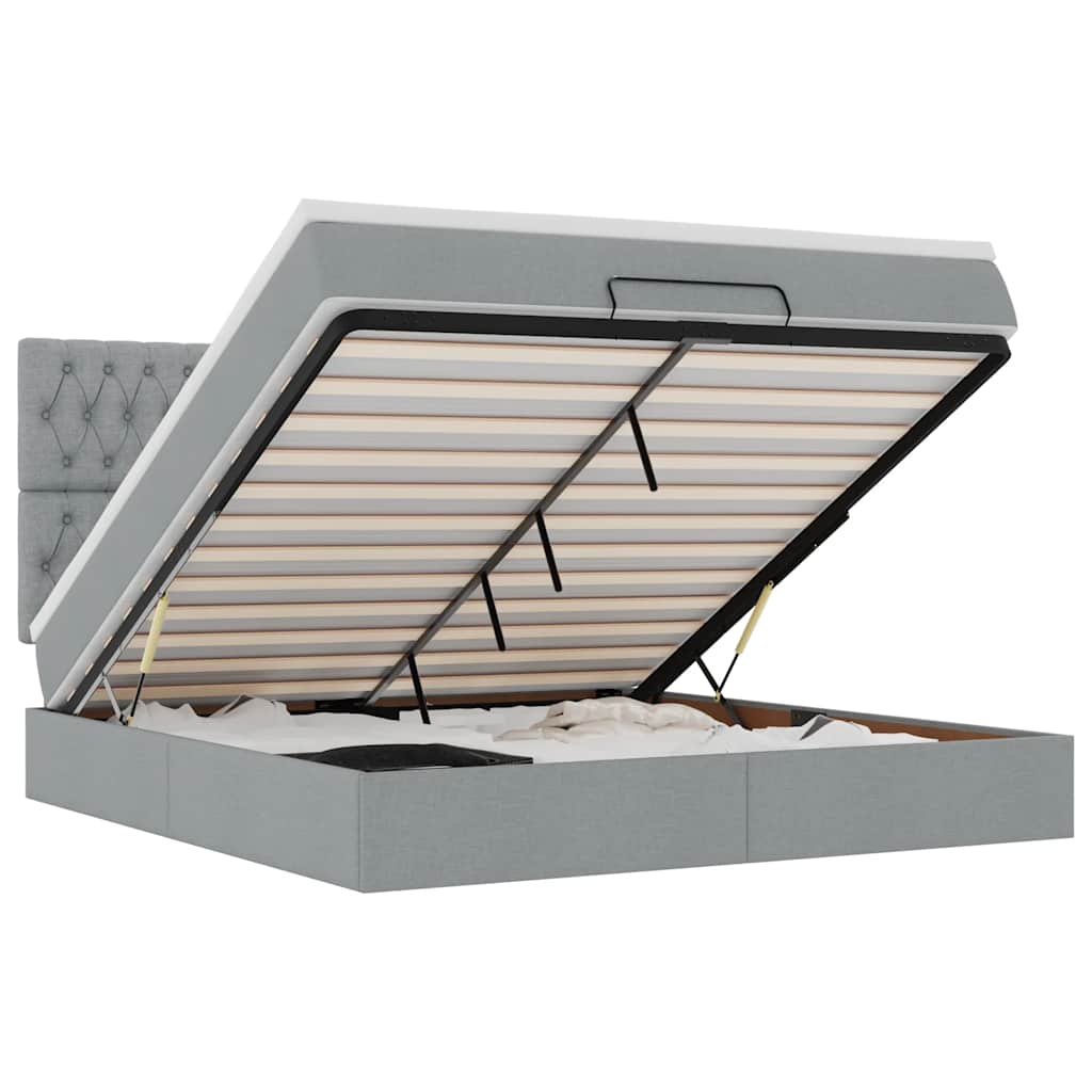 Lit ottoman avec matelas et LED tissu gris clair 180x200 cm