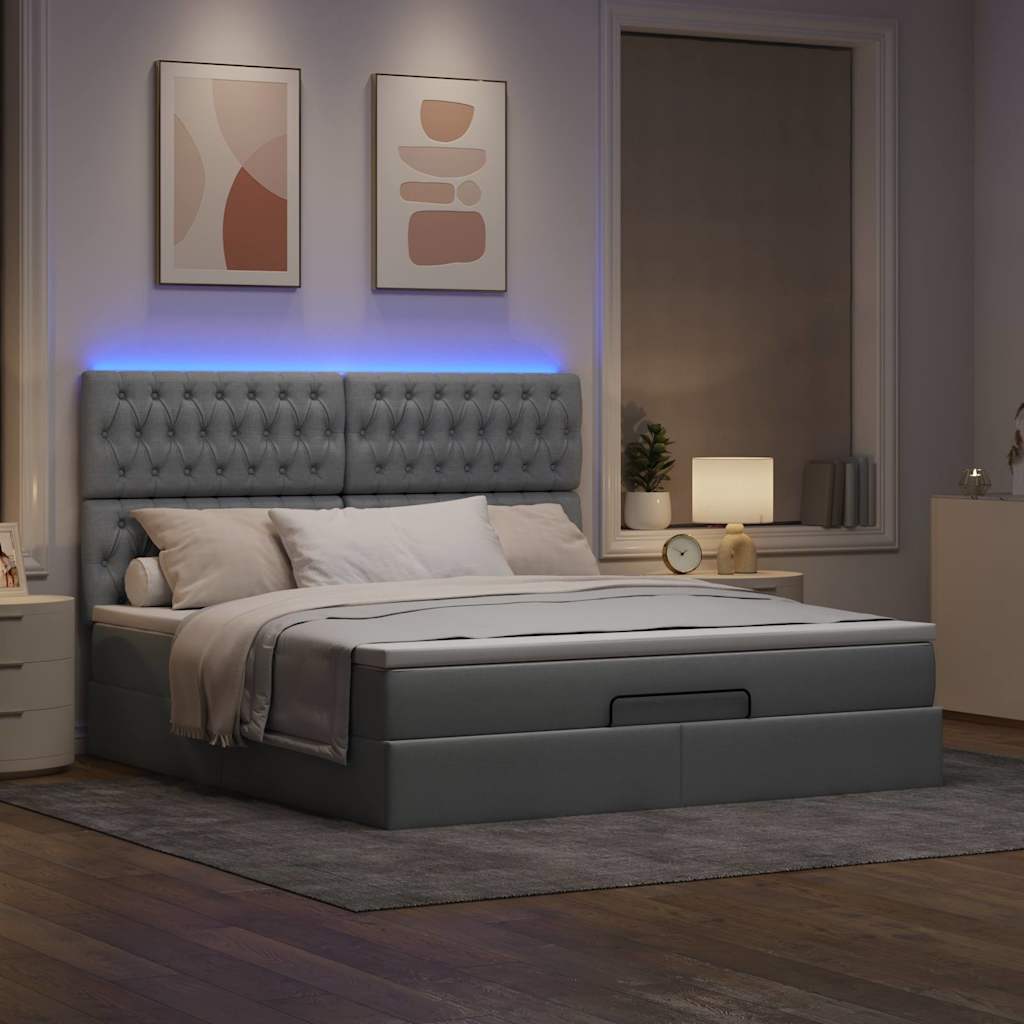 Lit ottoman avec matelas et LED tissu gris clair 180x200 cm