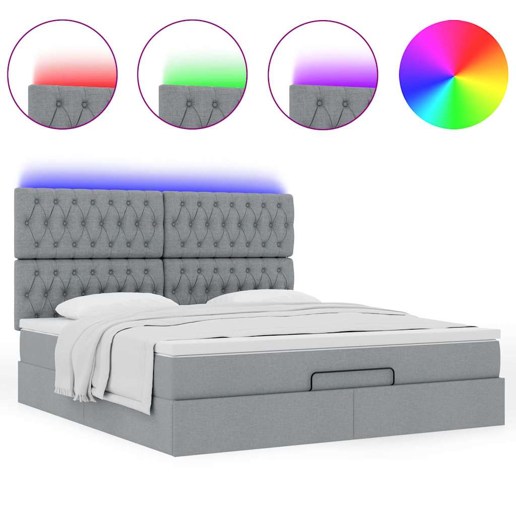 Lit ottoman avec matelas et LED tissu gris clair 180x200 cm