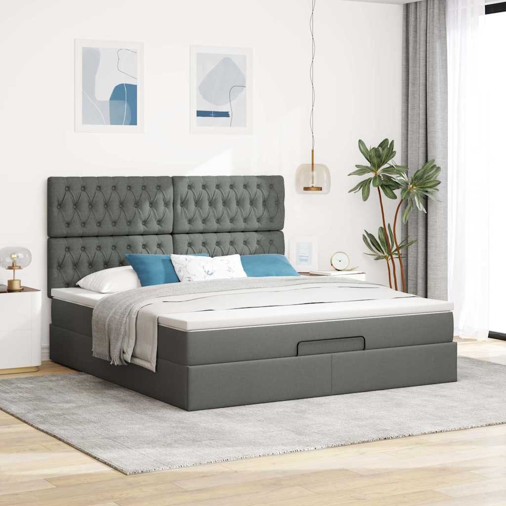 Lit ottoman avec matelas et LED tissu gris foncé 180x200 cm