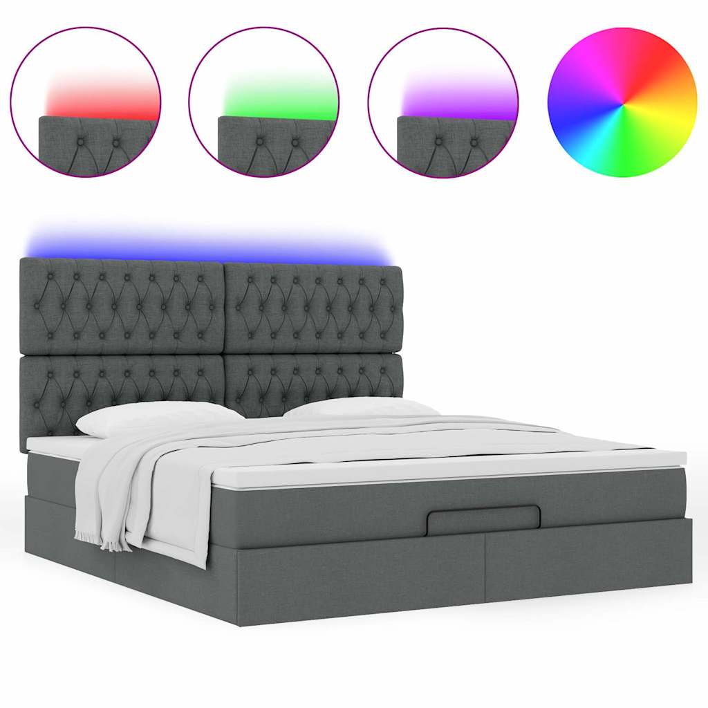 Lit ottoman avec matelas et LED tissu gris foncé 180x200 cm