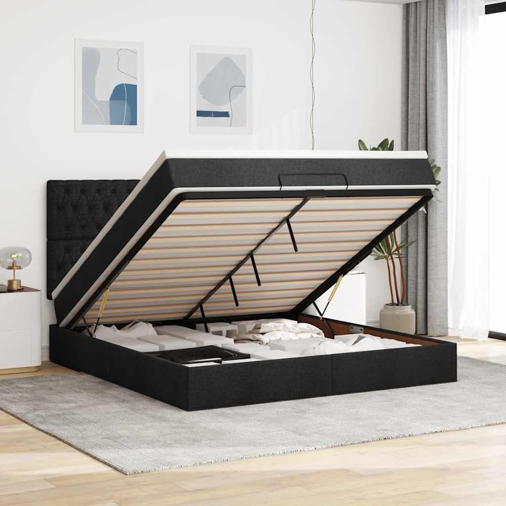 Ottoman-Bett mit Matratze & LEDs Schwarz 180x200 cm Stoff