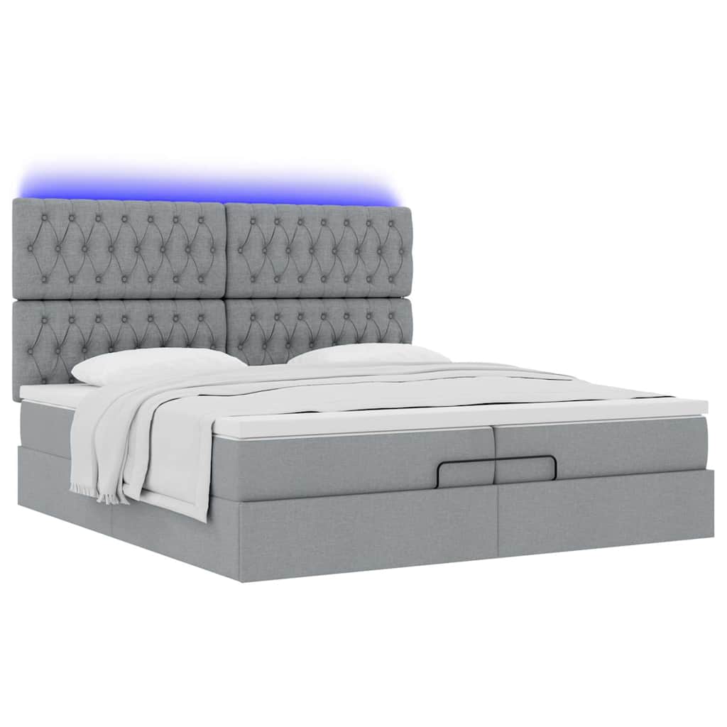 Ottoman-Bett mit Matratzen & LEDs Hellgrau 200x200 cm Stoff