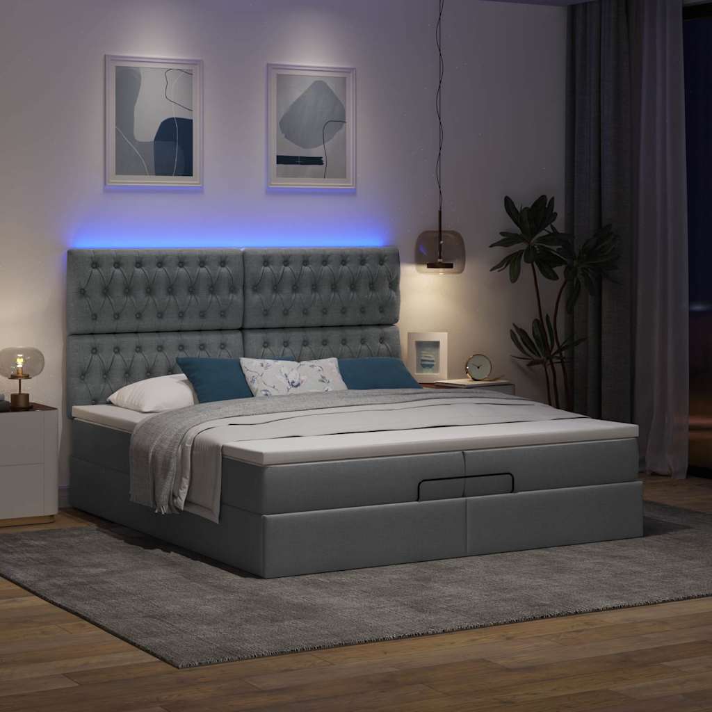 Ottoman-Bett mit Matratzen & LEDs Dunkelgrau 200x200 cm Stoff
