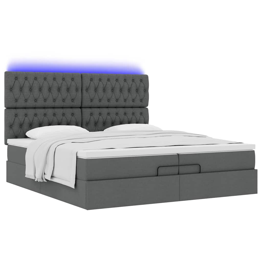 Ottoman-Bett mit Matratzen & LEDs Dunkelgrau 200x200 cm Stoff