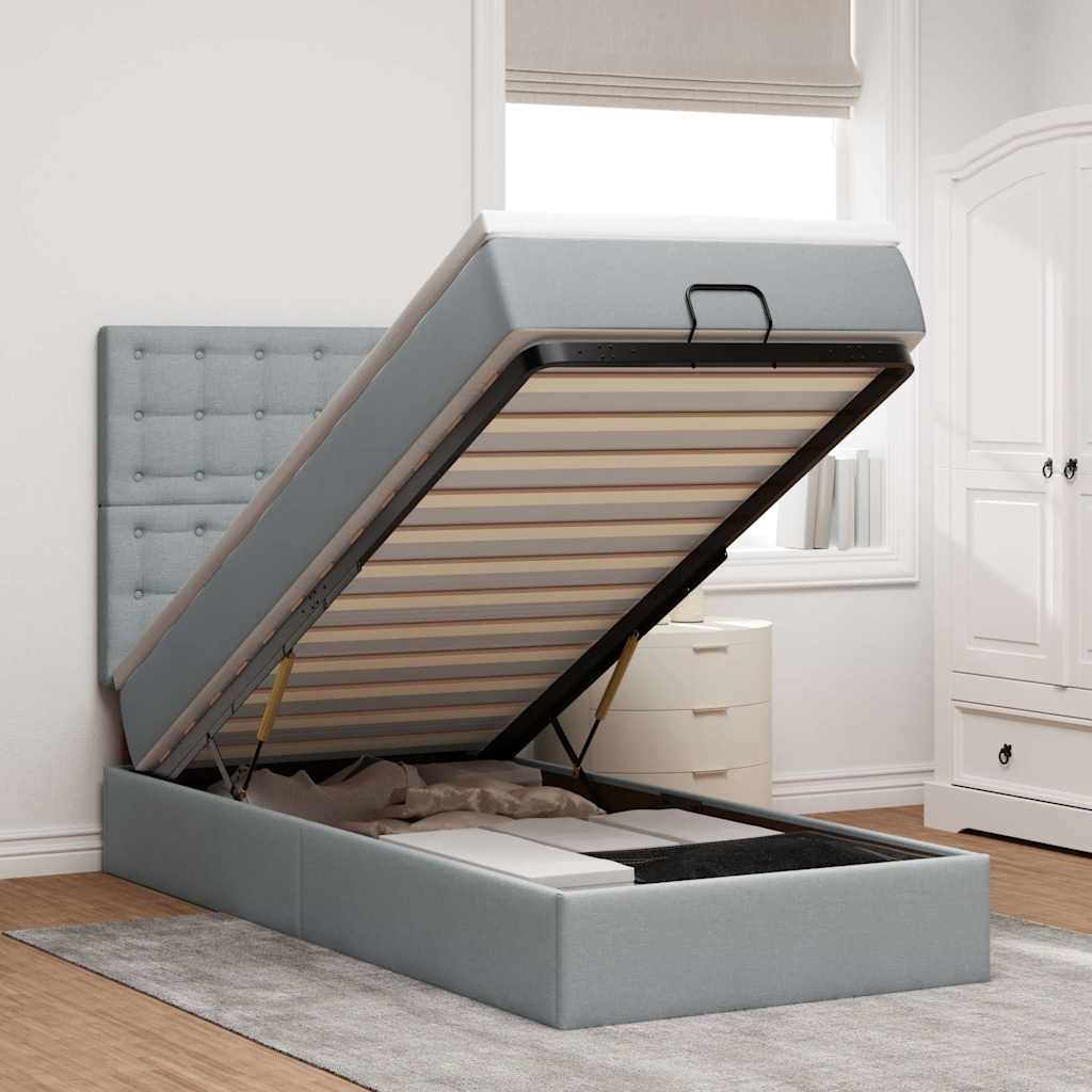 Ottoman-Bett mit Matratze & LEDs Hellgrau 90x190 cm Stoff