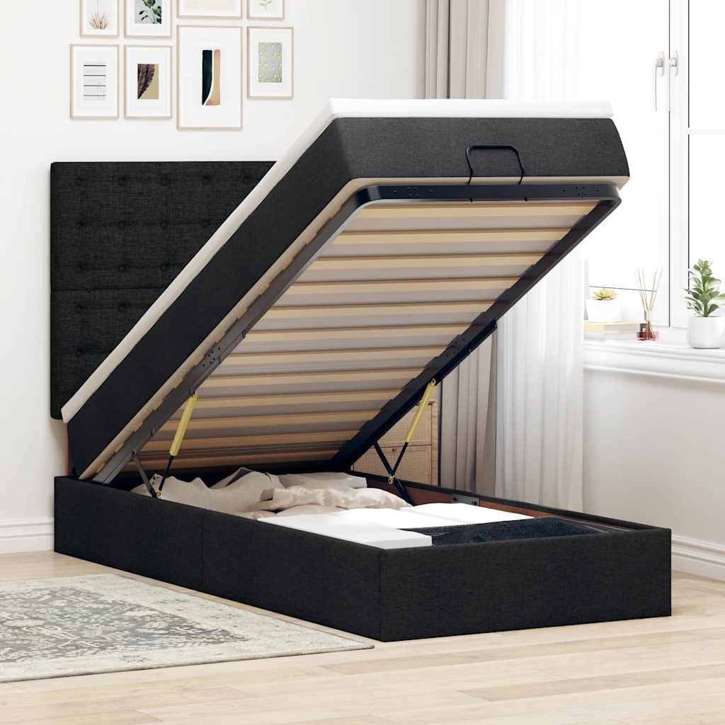 Ottoman-Bett mit Matratze & LEDs Schwarz 90x190 cm Stoff