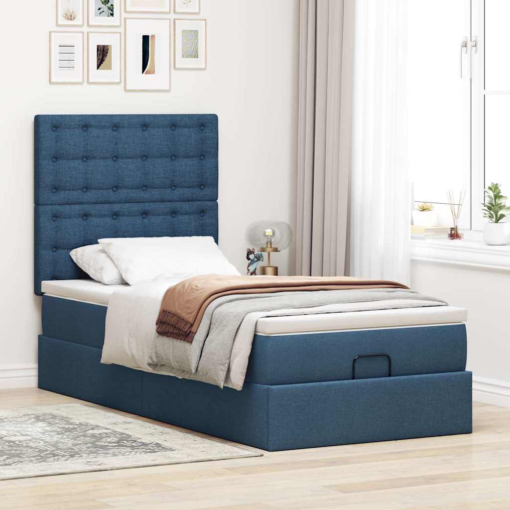 Ottoman-Bett mit Matratze & LEDs Blau 90x190 cm Stoff