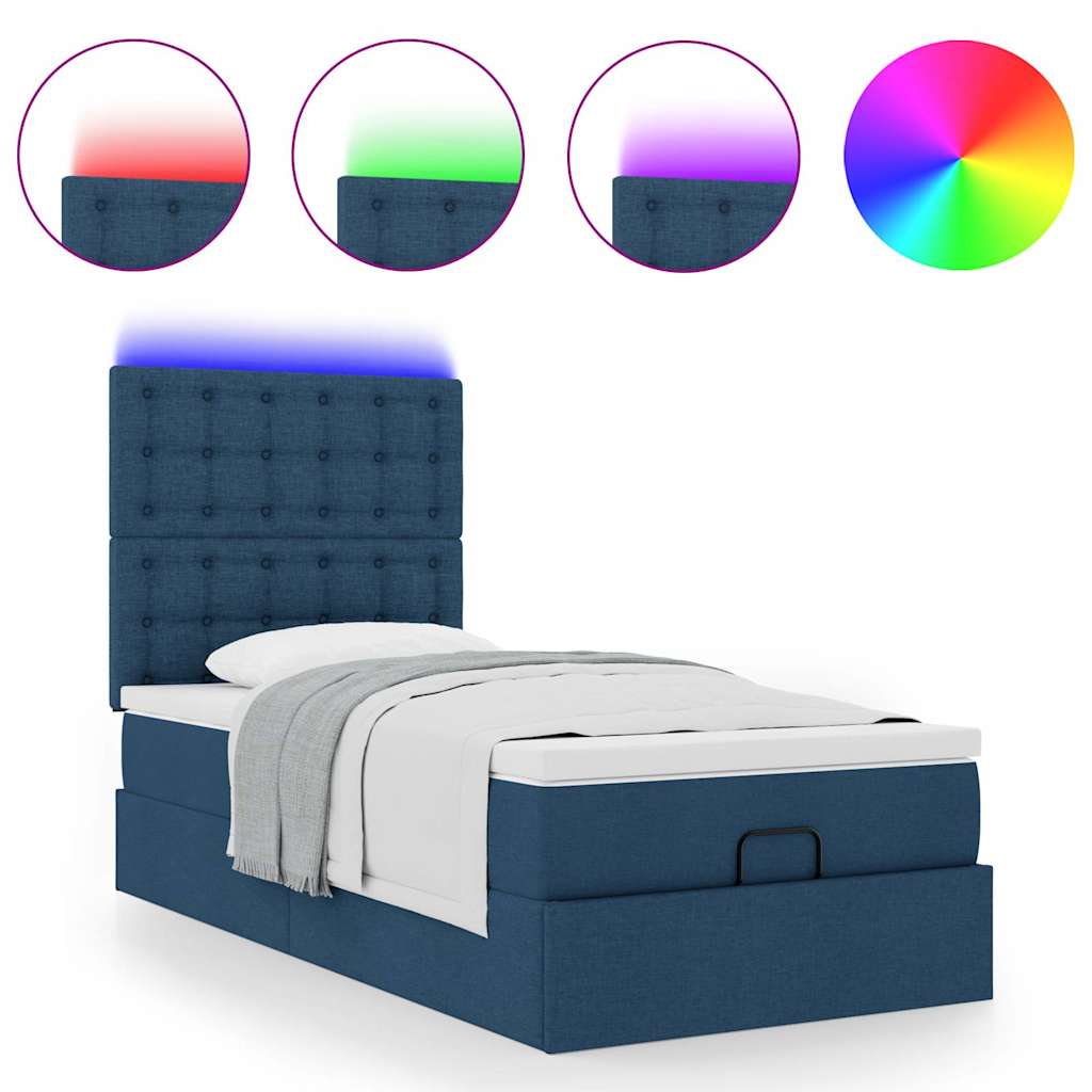 Ottoman-Bett mit Matratze & LEDs Blau 90x190 cm Stoff