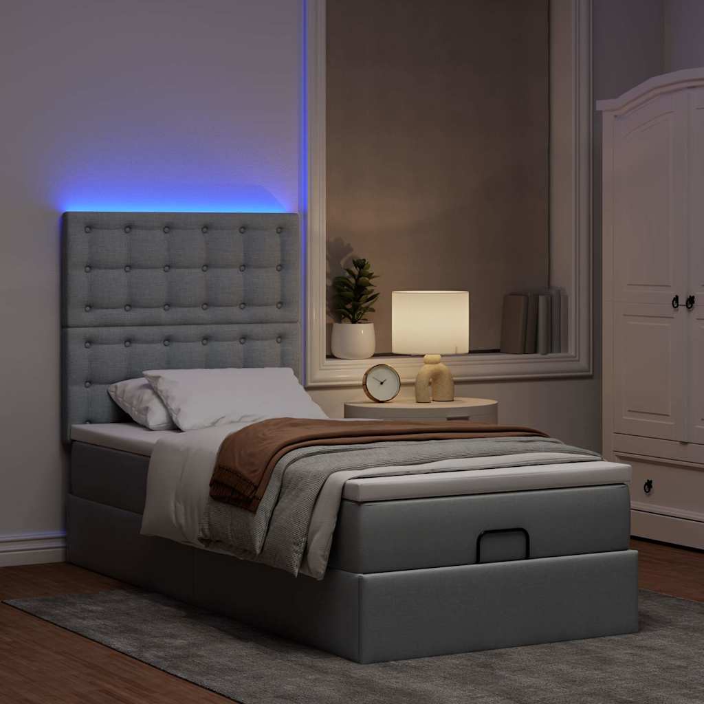 Ottomane Bett mit Matratze & LEDs Hellgrau 90x200 cm Stoff