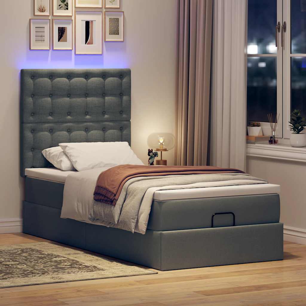 Ottomane Bett mit Matratze & LEDs Dunkelgrau 90x200 cm Stoff