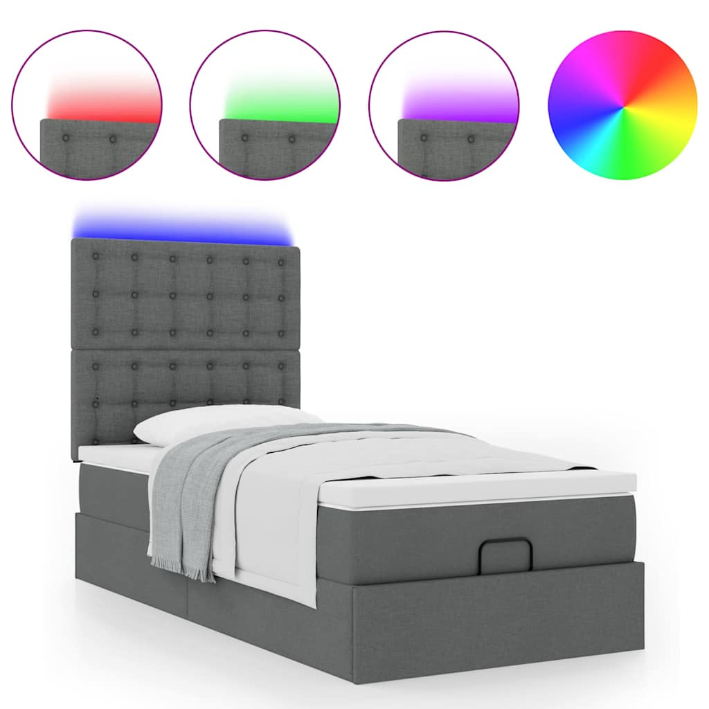 Ottomane Bett mit Matratze & LEDs Dunkelgrau 90x200 cm Stoff