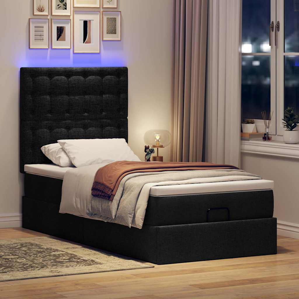 Ottoman-Bett mit Matratze & LEDs Schwarz 90x200 cm Stoff