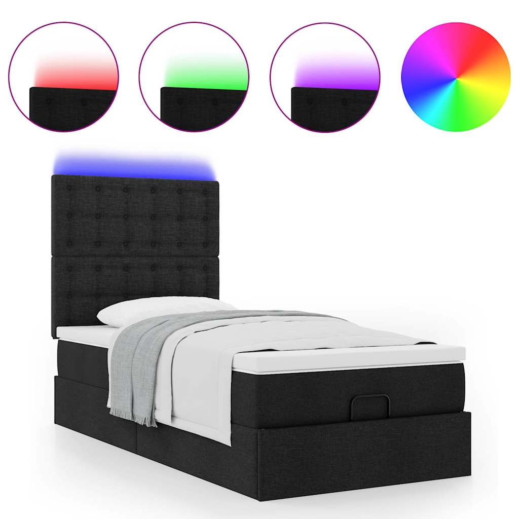 Ottoman-Bett mit Matratze & LEDs Schwarz 90x200 cm Stoff