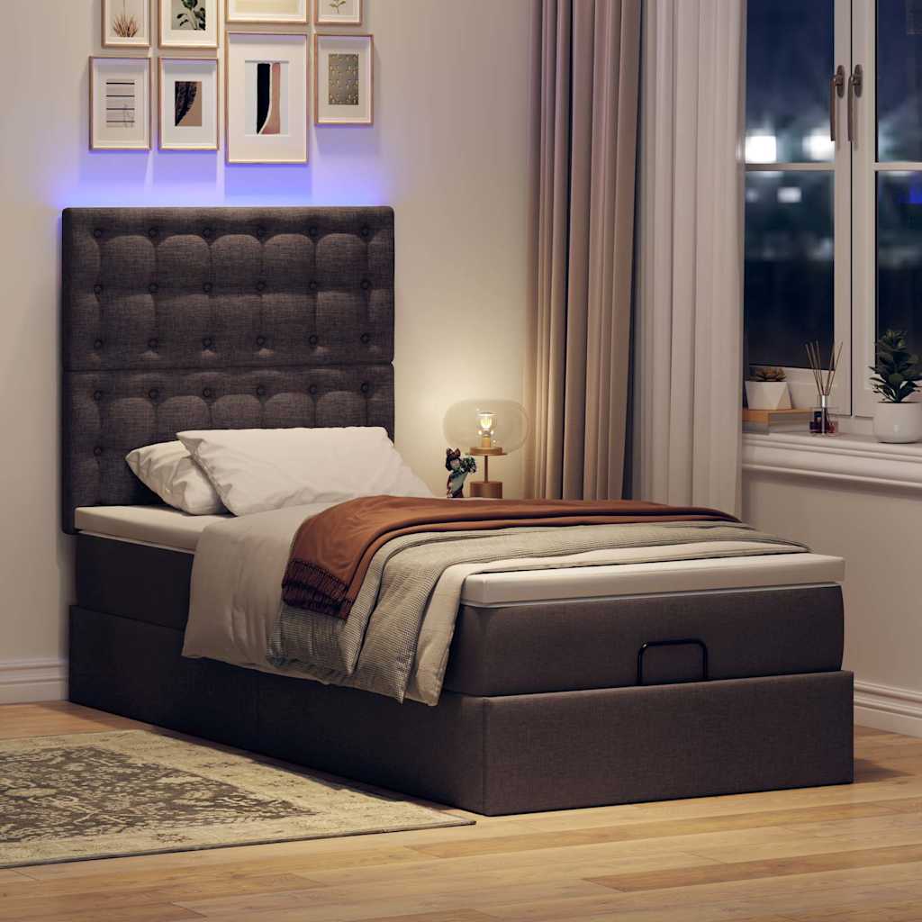 Ottomane Bett mit Matratze & LEDs Dunkelbraun 90x200 cm Stoff