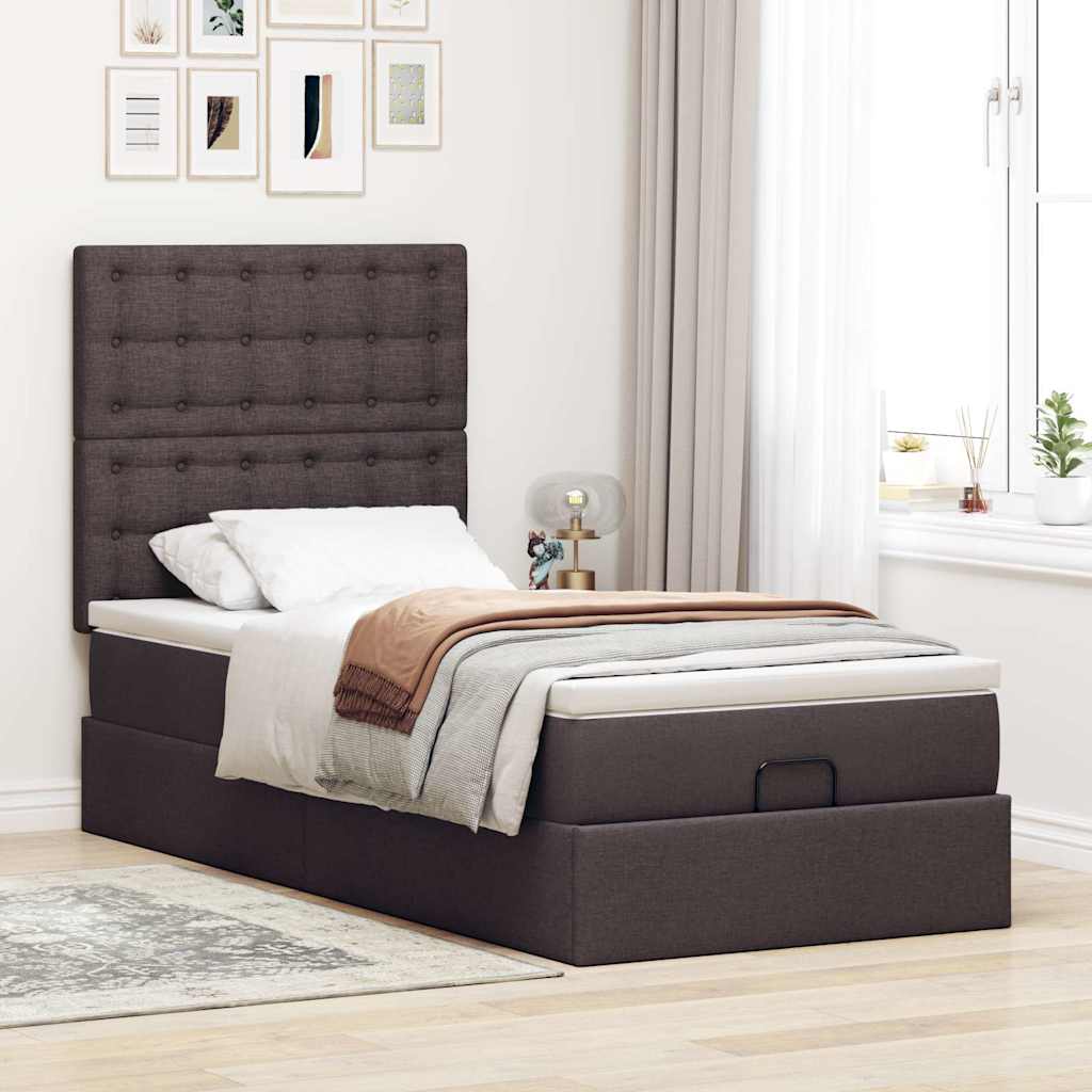 Ottomane Bett mit Matratze & LEDs Dunkelbraun 90x200 cm Stoff