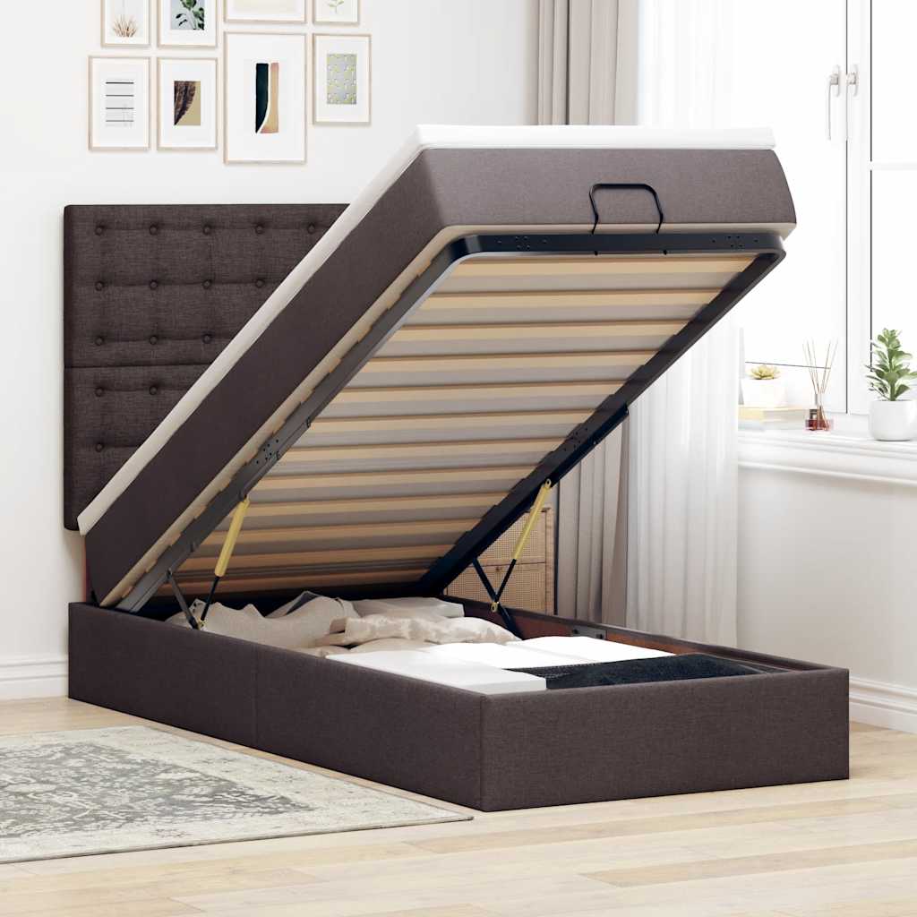 Ottomane Bett mit Matratze & LEDs Dunkelbraun 90x200 cm Stoff