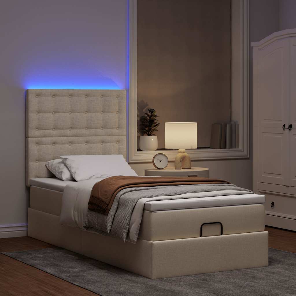 Ottomane Bett mit Matratze & LEDs Creme 90x200 cm Stoff
