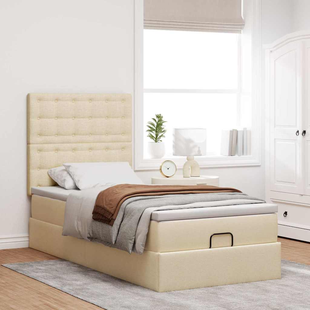 Ottomane Bett mit Matratze & LEDs Creme 90x200 cm Stoff