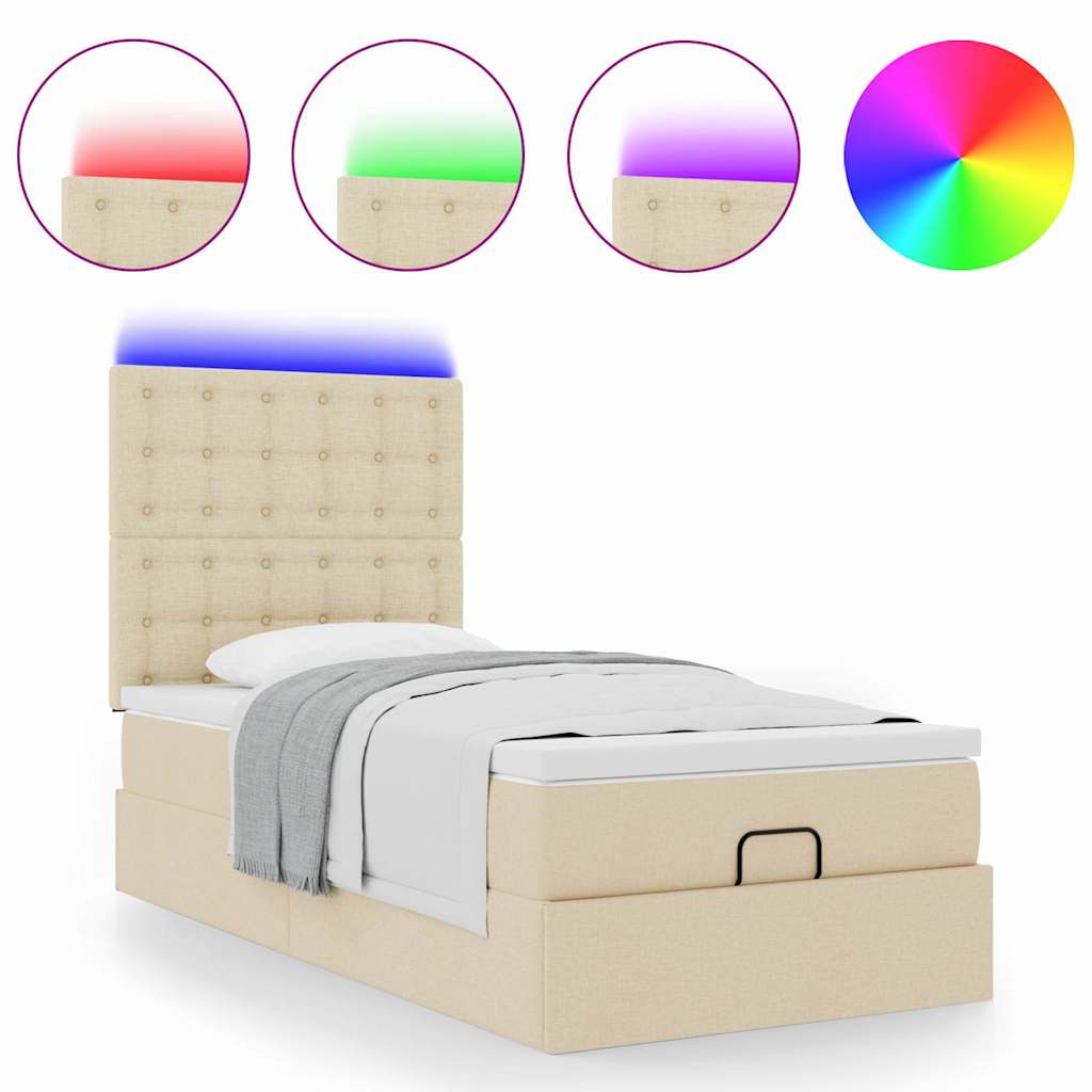 Ottomane Bett mit Matratze & LEDs Creme 90x200 cm Stoff