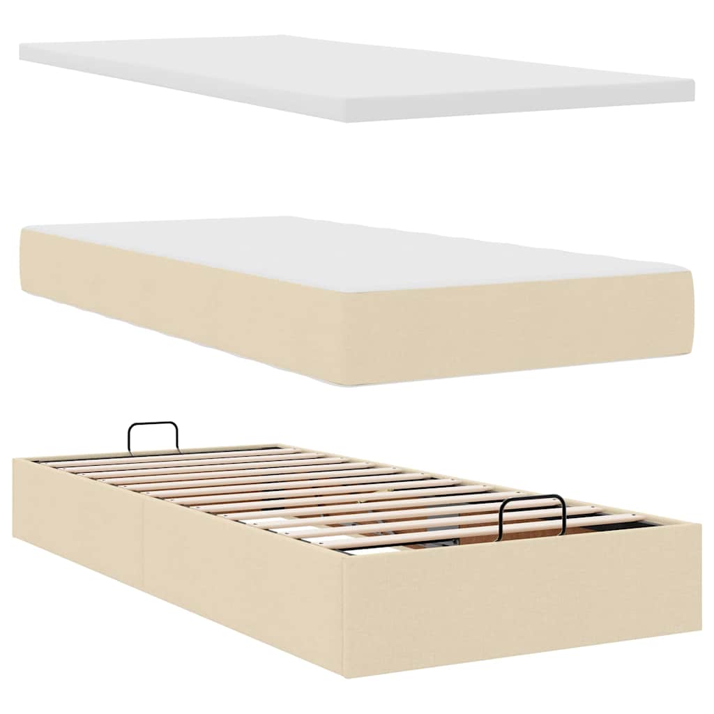 Ottomane Bett mit Matratze & LEDs Creme 90x200 cm Stoff